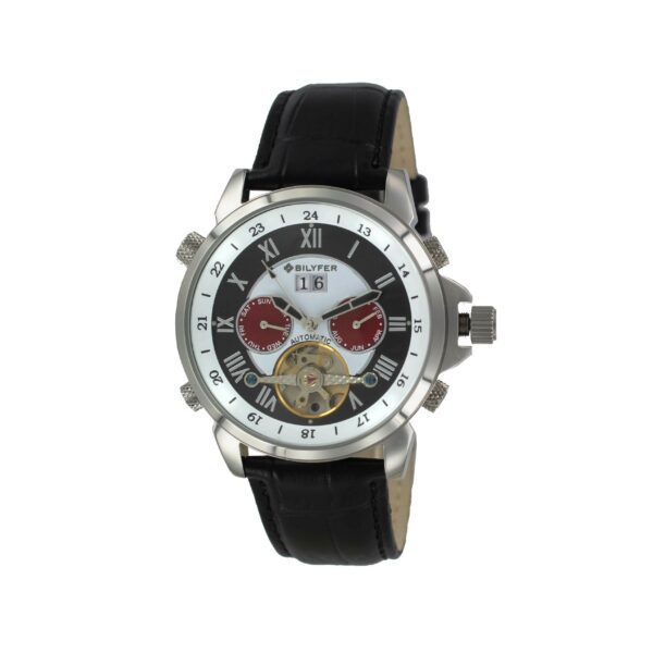 automatic watch with steel case red dial and leather strap