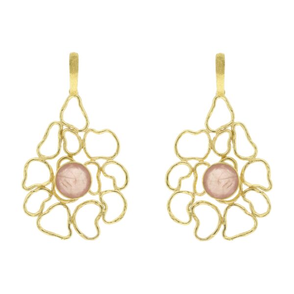 PENDIENTE ROSA FILIGRANA CHAPADO ORO Y CUARZO ROSA