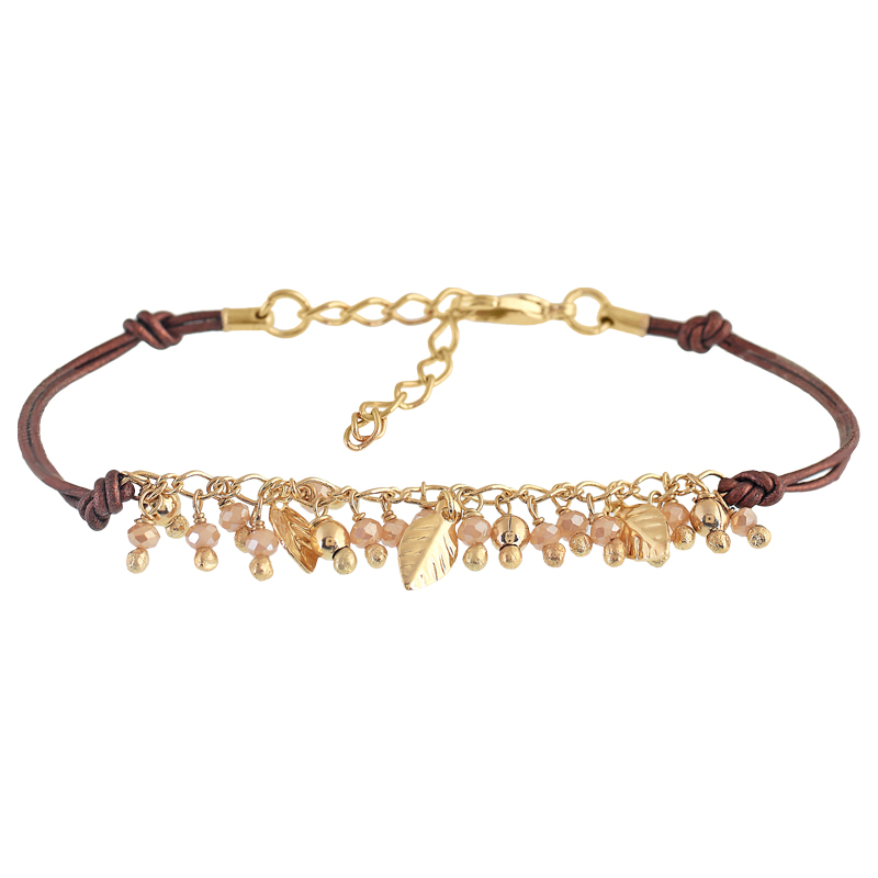 Adjustable Bracelet with Leather and Handcrafted Plated Crystal