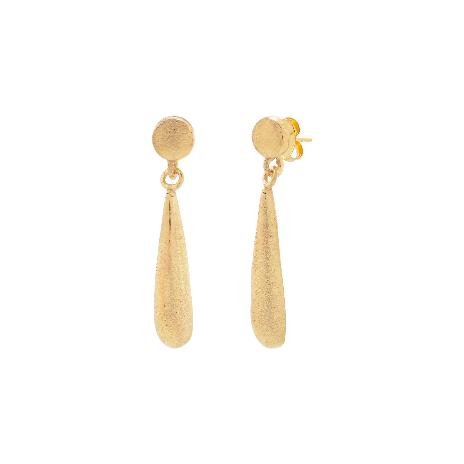 25mm long teardrop earring, matte finish, 18kt gold plated
