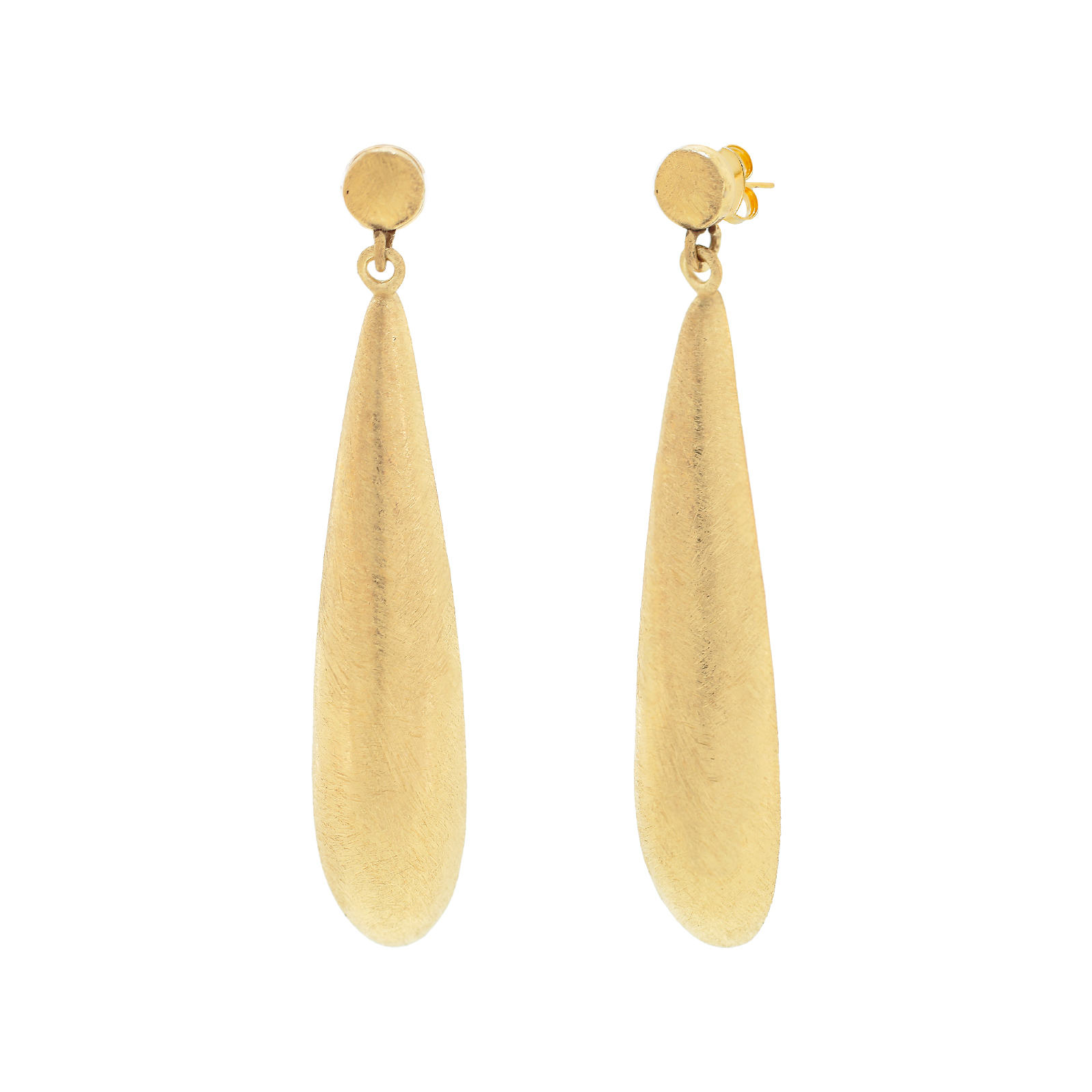 45mm long teardrop earring, matte finish, 18kt gold plated