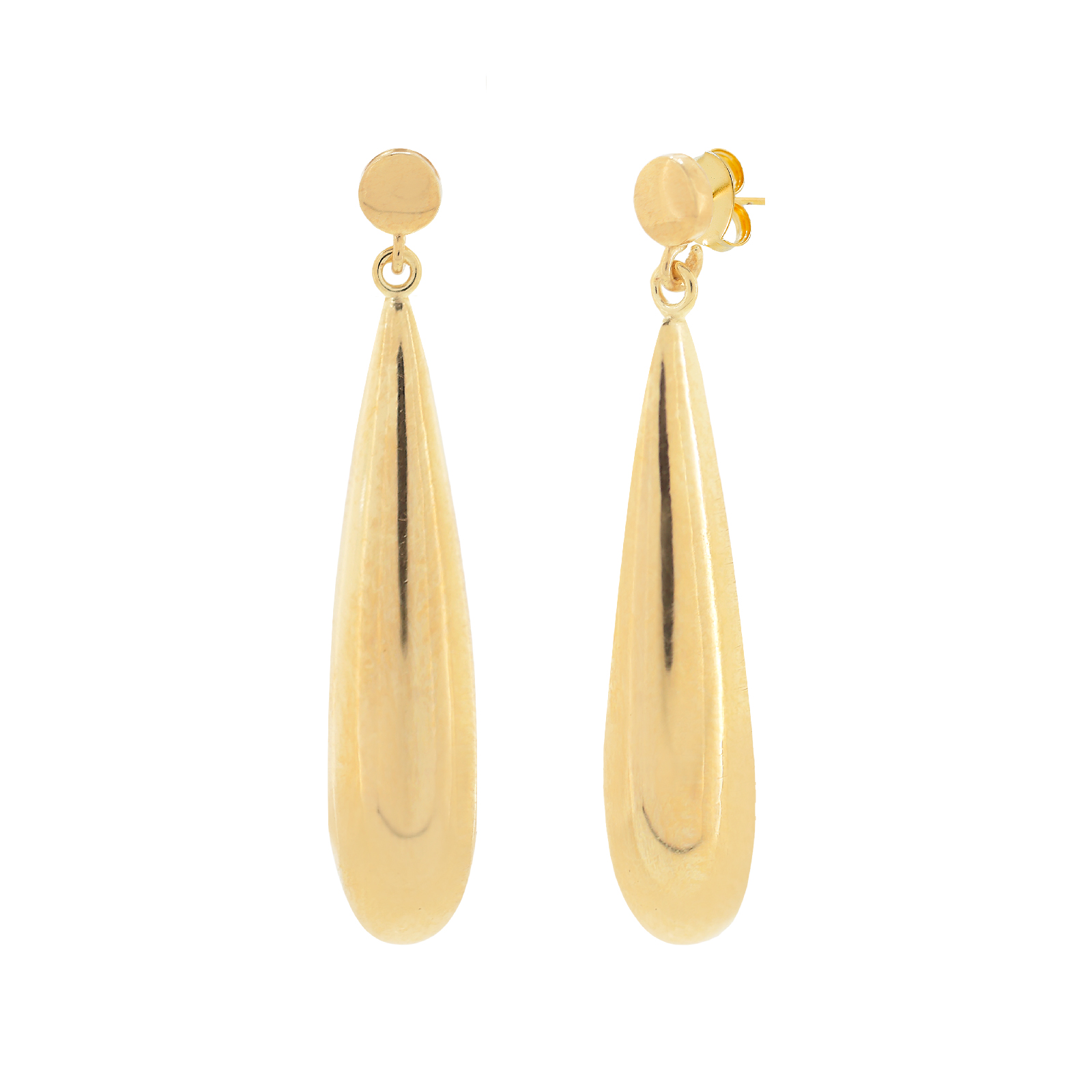 45mm long teardrop earring, shiny finish, 18kt gold plated