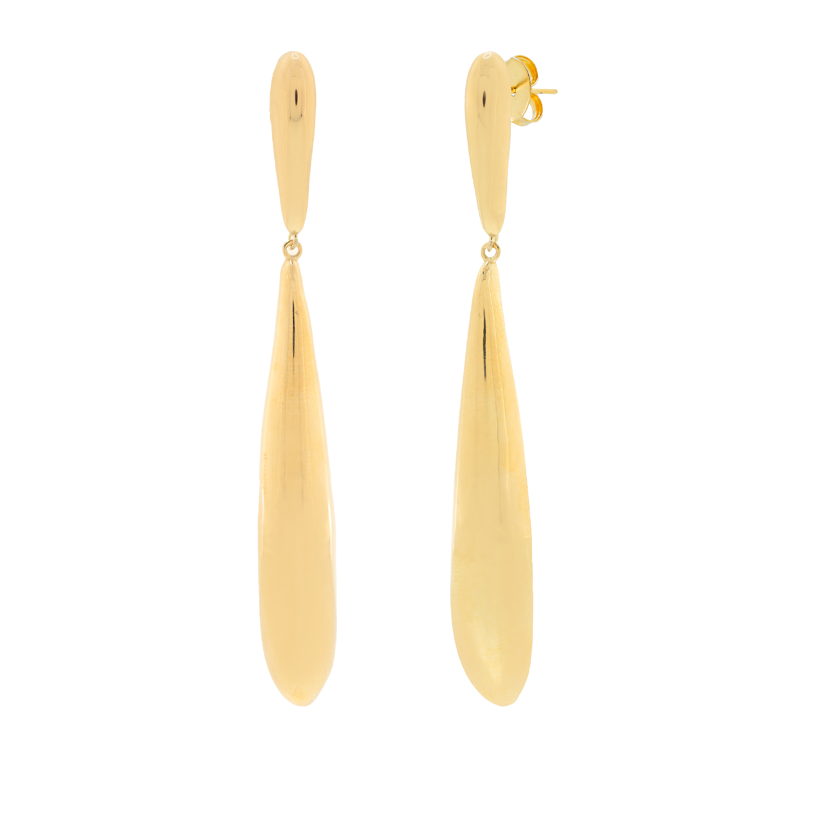 60mm long teardrop earring, shiny finish, 18kt gold plated