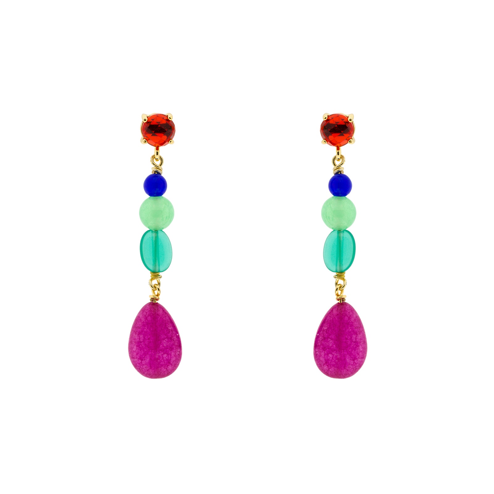 Pendiente corto fucsia multicolor cristal chapado oro 5cm largo