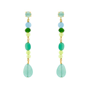 Multicolor green long earring with gold-plated faceted crystals 6.5cm long