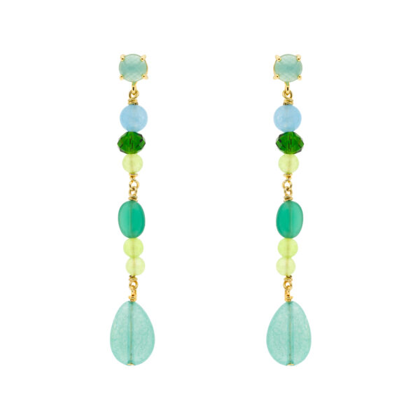 Multicolor green long earring with gold-plated faceted crystals 6.5cm long