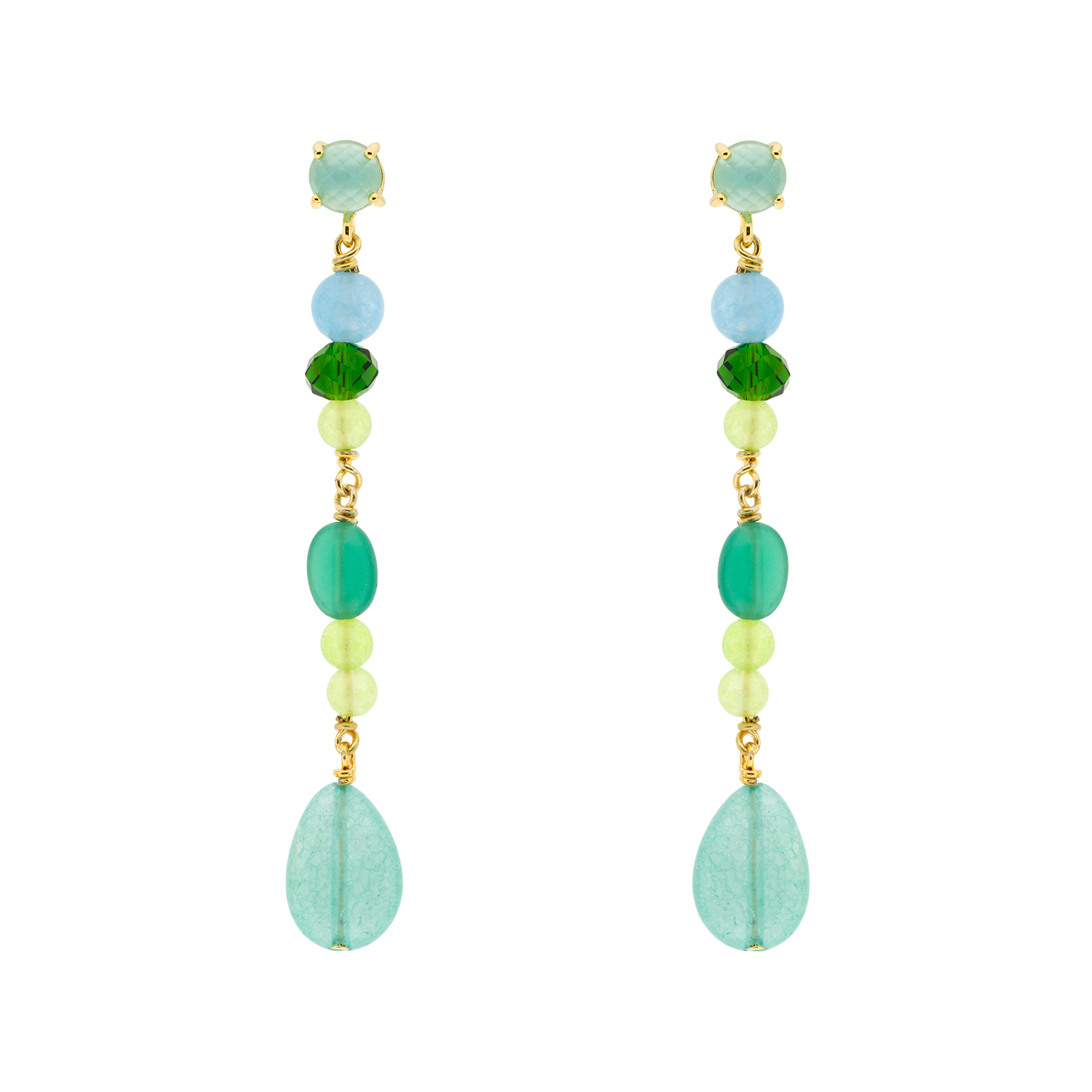 Multicolor green long earring with gold-plated faceted crystals 6.5cm long