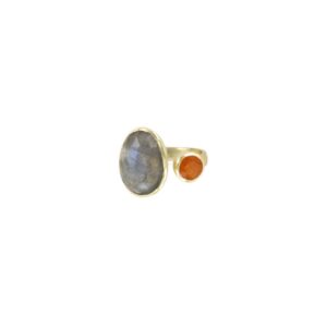 ANILLO TALLA UNIVERSAL CHAPADO ORO PIEDRA LABRADORITA CON ORANGE JADE