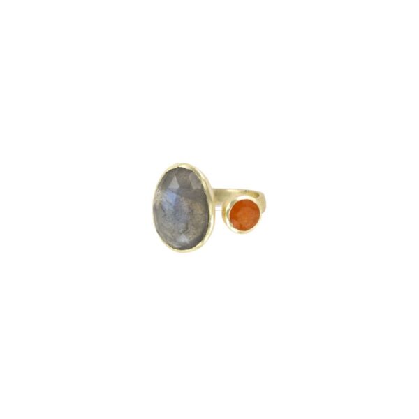 UNIVERSAL SIZE RING GOLD PLATED LABRADORITE STONE WITH ORANGE JADE