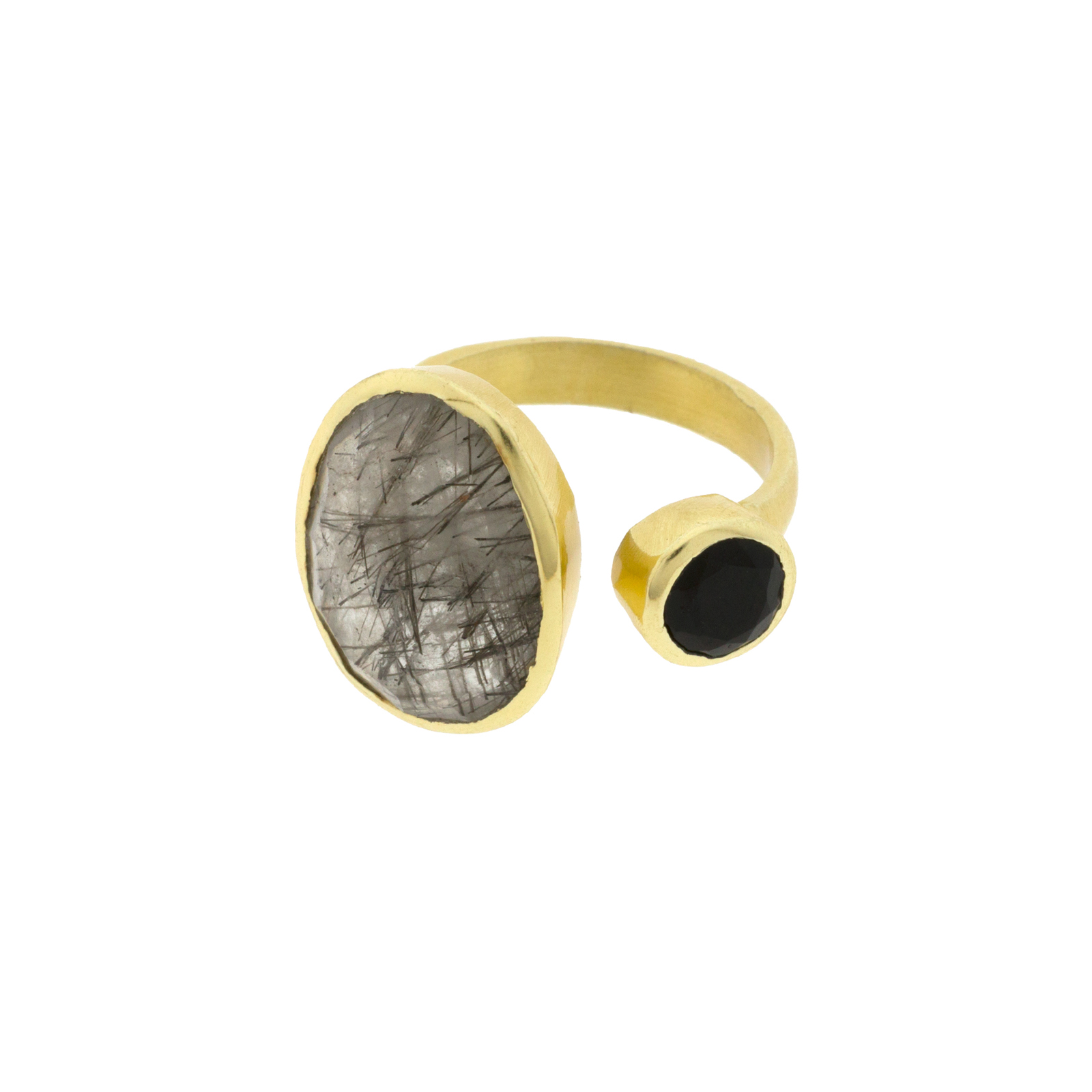 UNIVERSAL SIZE RING GOLD-PLATED ONYX STONE AND CRYSTAL