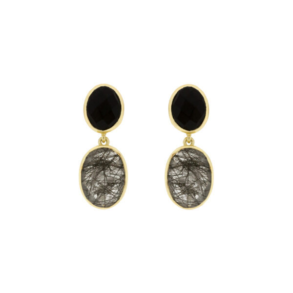 GOLD PLATED NATURAL STONE ONYX AND CRYSTAL EARRING