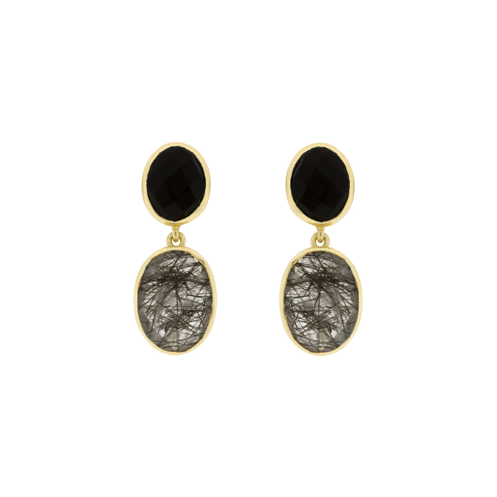 GOLD PLATED NATURAL STONE ONYX AND CRYSTAL EARRING