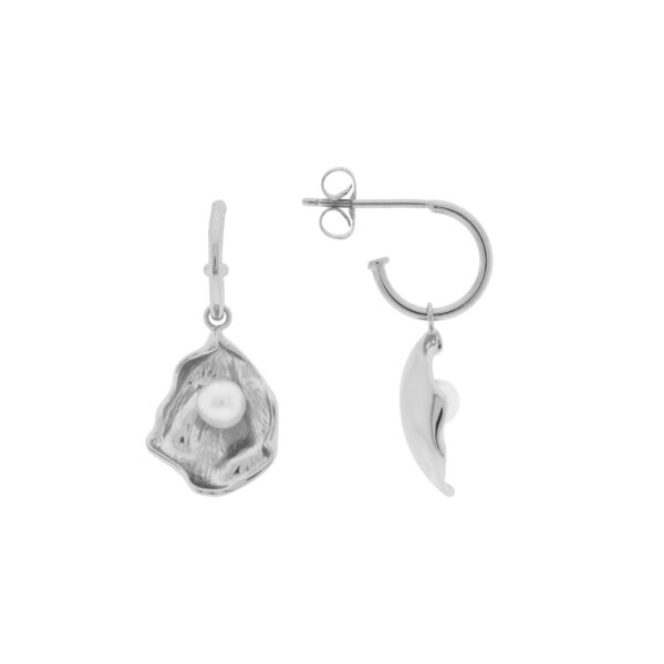RHODIUM PLATED AND NATURAL PEARL HOOP EARRING