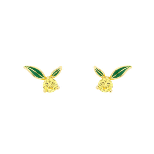 Yellow lemon Bilyfer earring with green enameled leaves and zirconia