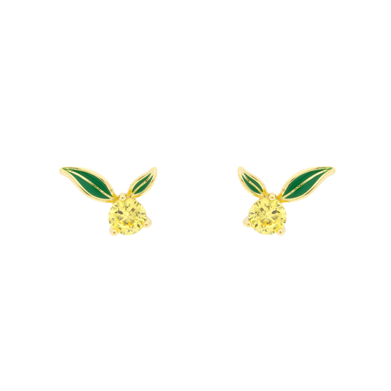 Yellow lemon Bilyfer earring with green enameled leaves and zirconia
