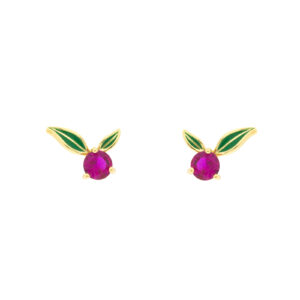 Pendiente Bilyfer fresa con hojas esmaltadas en verde y circonita fucsia