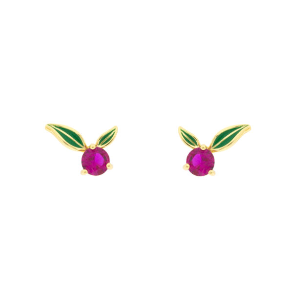 Pendiente Bilyfer fresa con hojas esmaltadas en verde y circonita fucsia