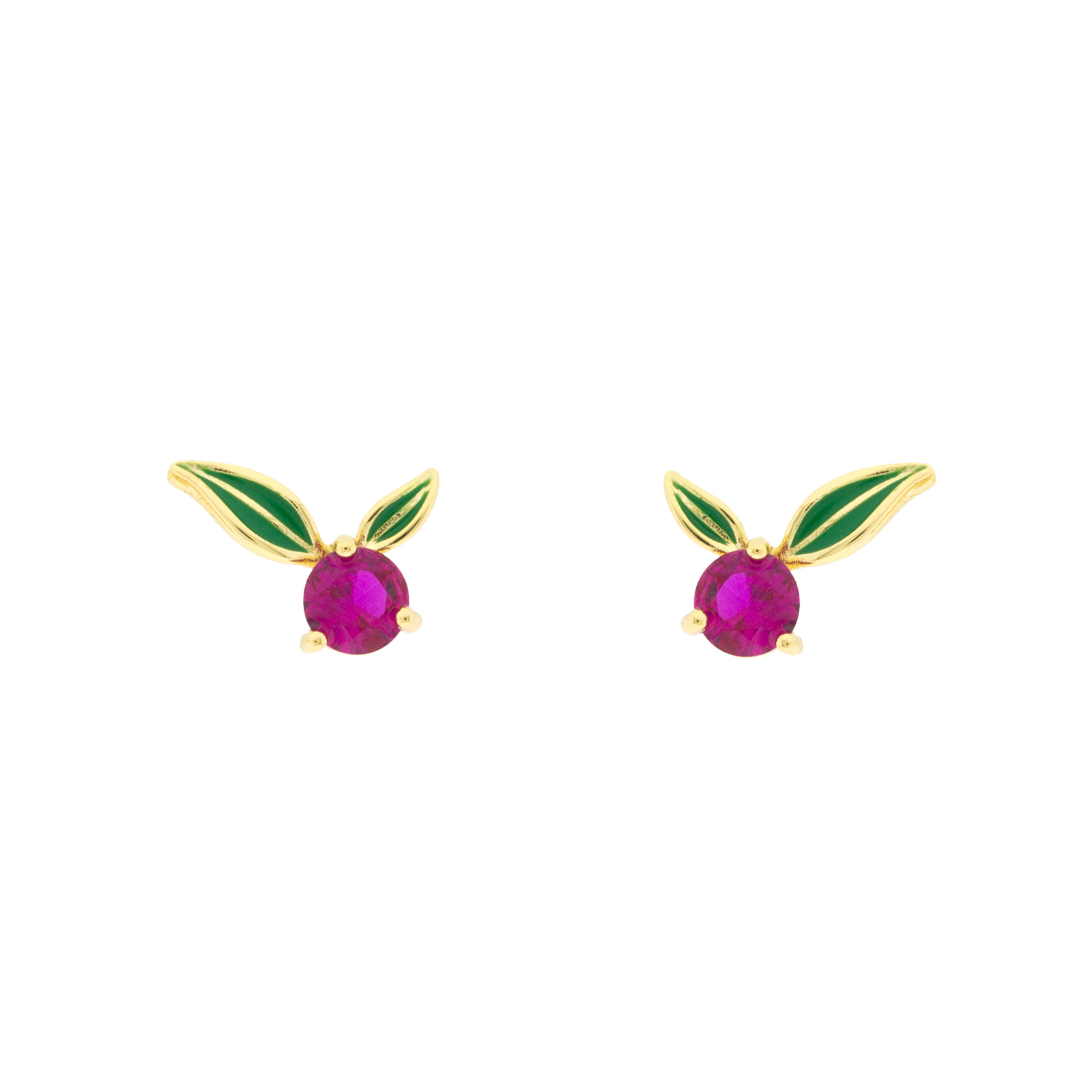 Bilyfer strawberry earring with green enameled leaves and fuchsia zirconia
