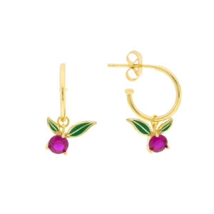 Bilyfer ring with hanging fuchsia zirconia and enameled green leaves