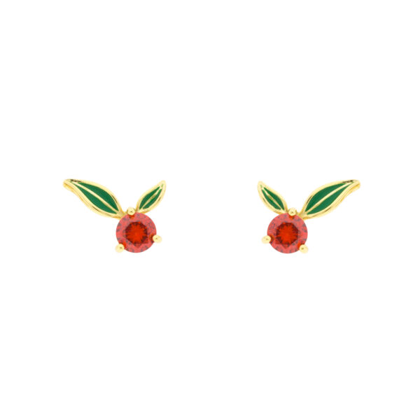 Bilyfer earring with enameled green leaves and orange zirconia