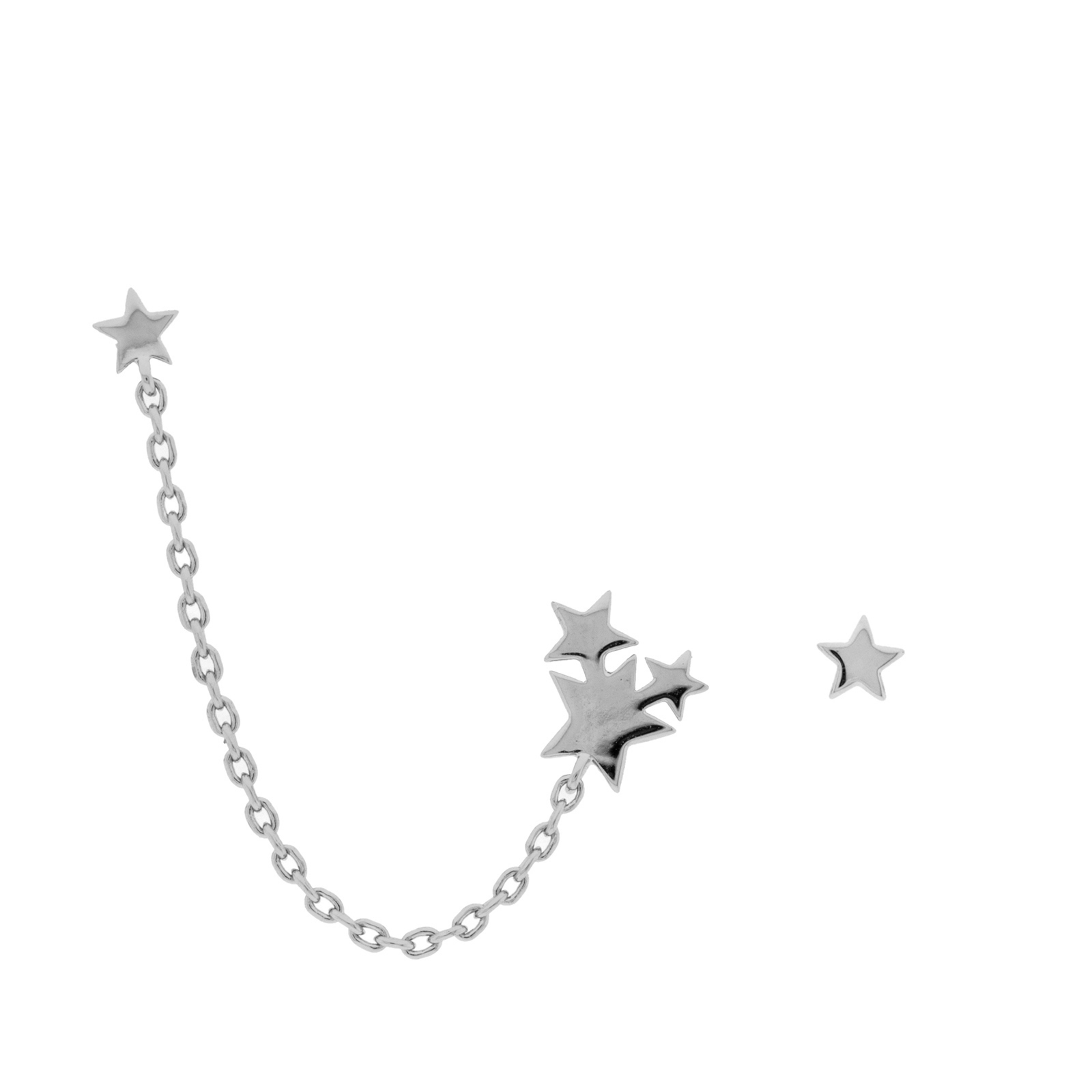 Double earring with stars and chain with rhodium finish