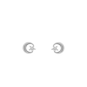 Earring with moon and star with rhodium-finish zircons