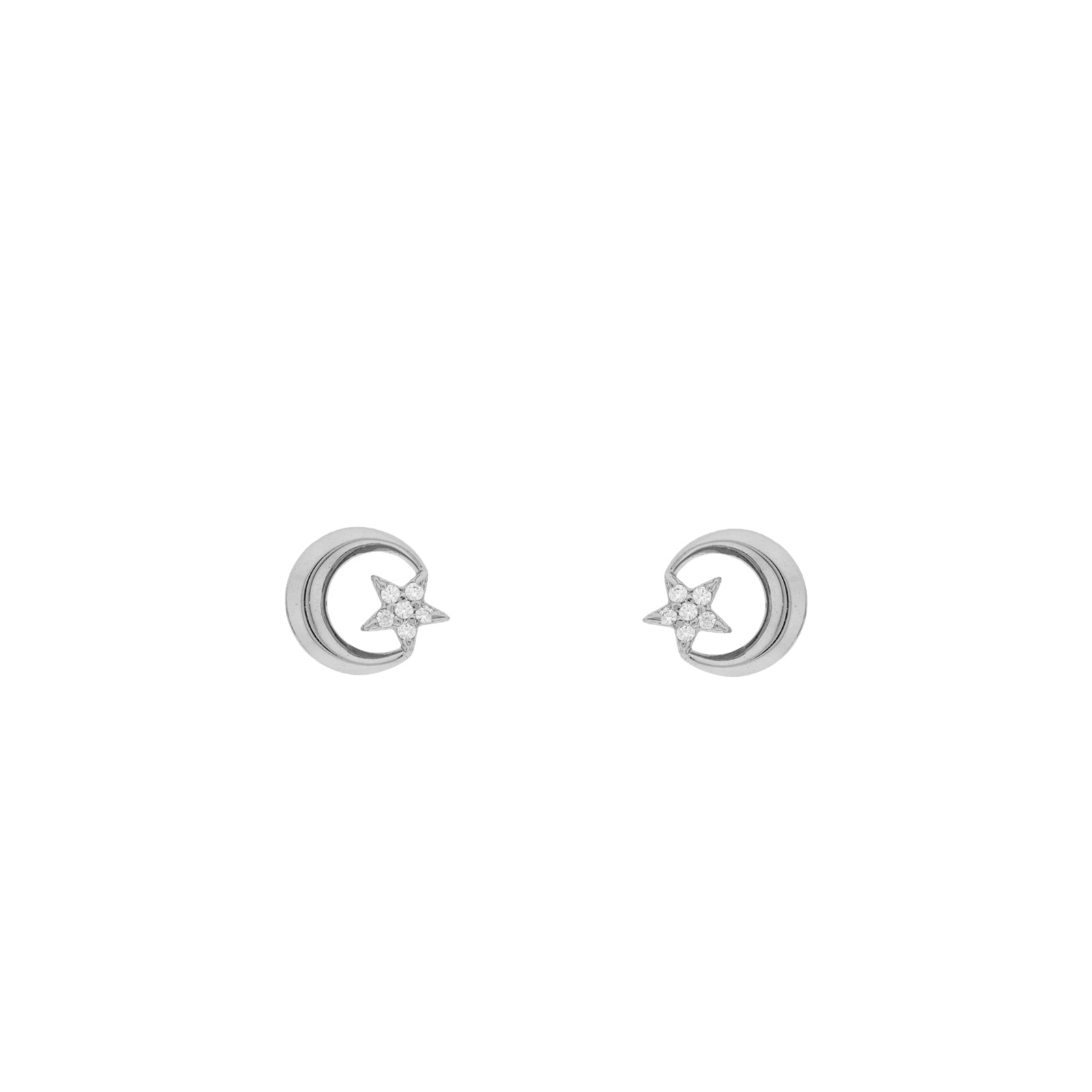 Earring with moon and star with rhodium-finish zircons