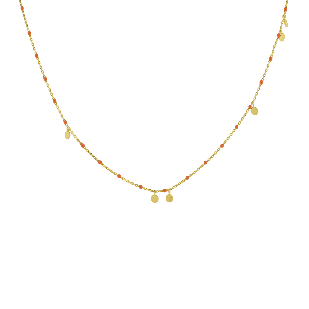 COLLAR NARANJA CON ESMALTE Y PIEZAS COLGANDO