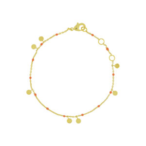 PULSERA NARANJA CON ESMALTE Y PIEZAS COLGANDO