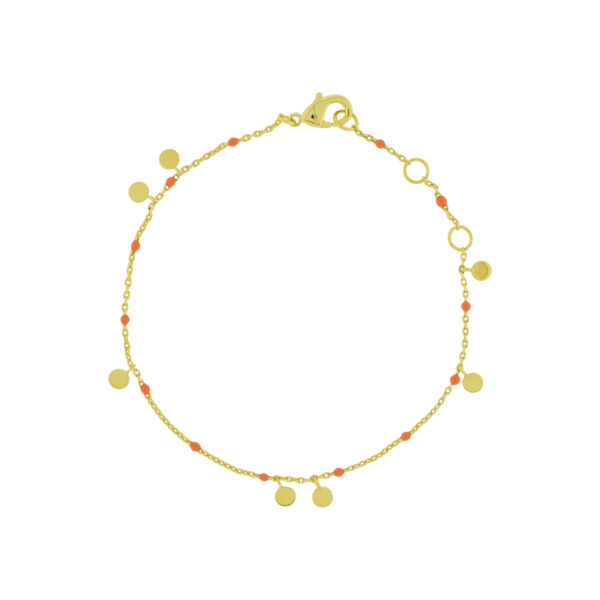 PULSERA NARANJA CON ESMALTE Y PIEZAS COLGANDO